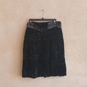 BCBGMaxAzria Black Velvet Tiered Midi Skirt with Embroidered Waist